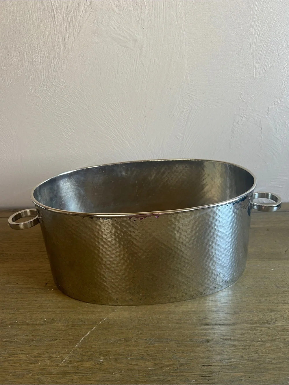 Pottery Barn Home Bar Hammered Stainless Steel Ice Bucket with Ring Handles.
